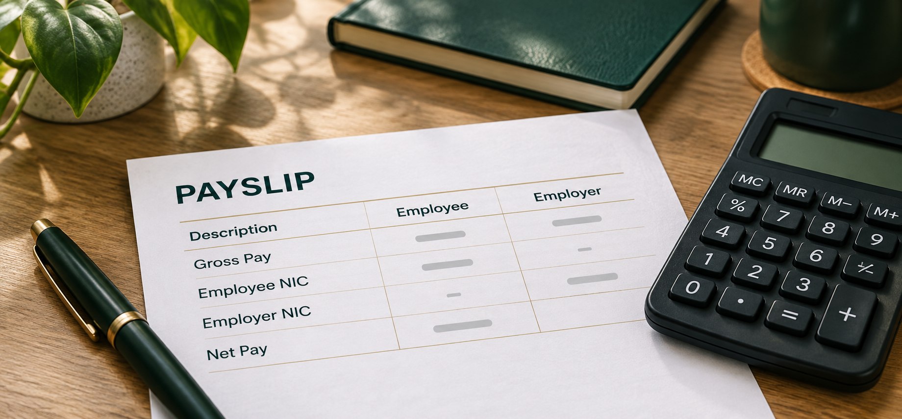 A payslip showing employee and employer NIC deduction rows, beside a calculator